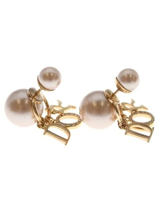 Dior Logo Rhinestone Faux Pearl Tribal Earrings Pink Gold - Picture 4 of 6